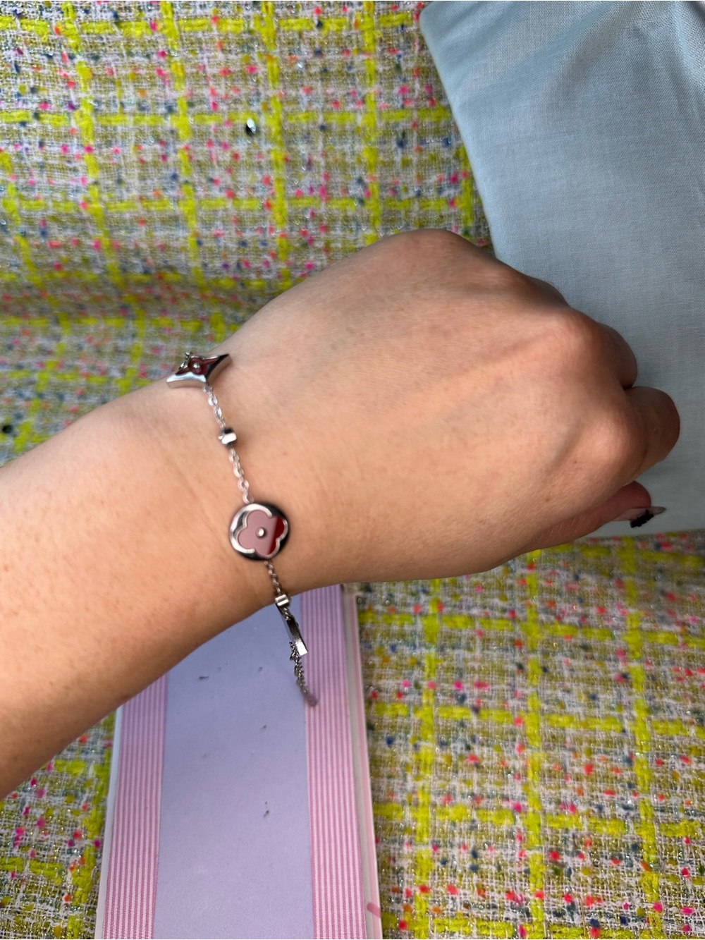 Silver Bracelet with Pink Enamel Charm